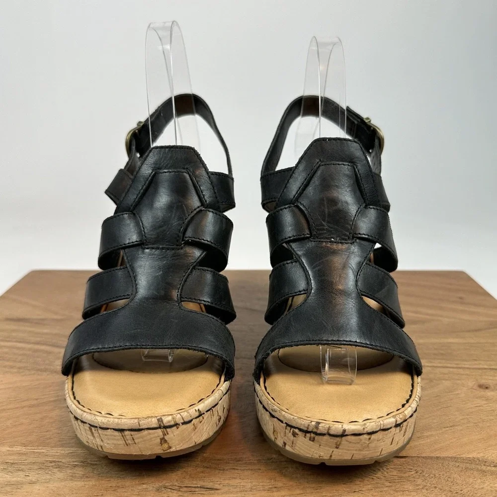 New Womens Born Bernese Black Leather Strappy Wedge Heeled Casual Sandals Size 9